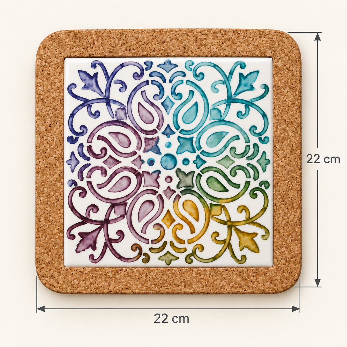 Keramická podložka pod hrnec – Barevné ornamenty – rozměry 22 × 22 cm