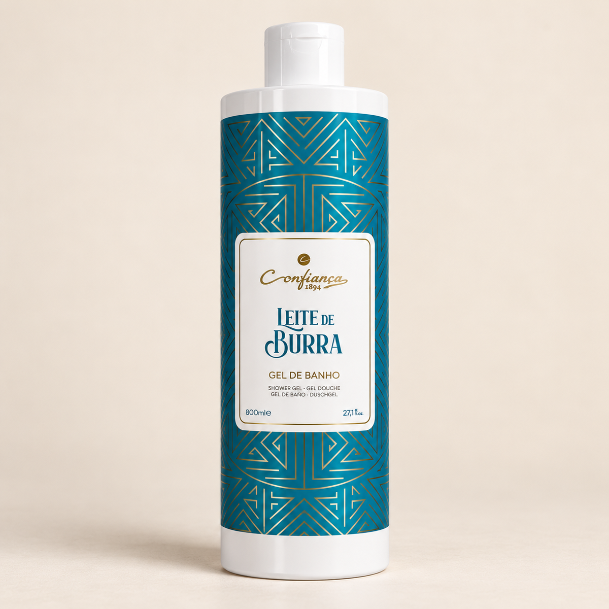 Portugalský sprchový gel s oslím mlékem Confiança – 800 ml – krémové pozadí
